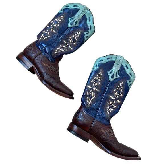 Lucchese Amberlyn Boots Blue Brown Full Quill Ostrich Western Cowgirl size 8 B - Picture 2 of 10